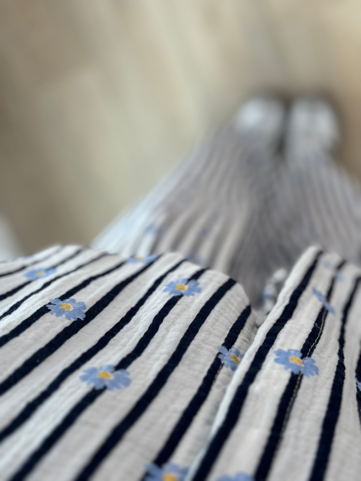 Pantalon en Gaze de Coton Fleurie à Rayures - Bleu marine & Bleu Ciel