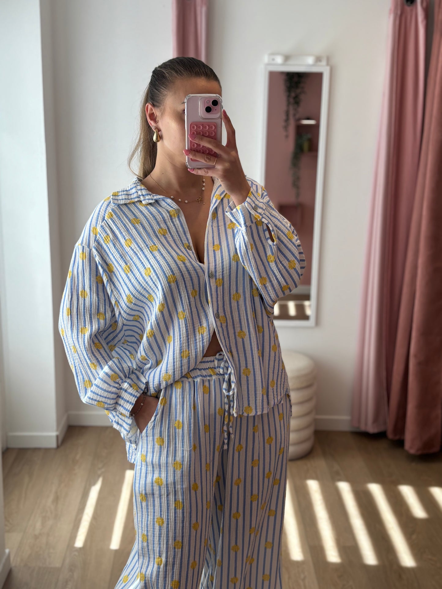 Chemise en Gaze de Coton Fleurie à Rayures - Bleu ciel & Jaune