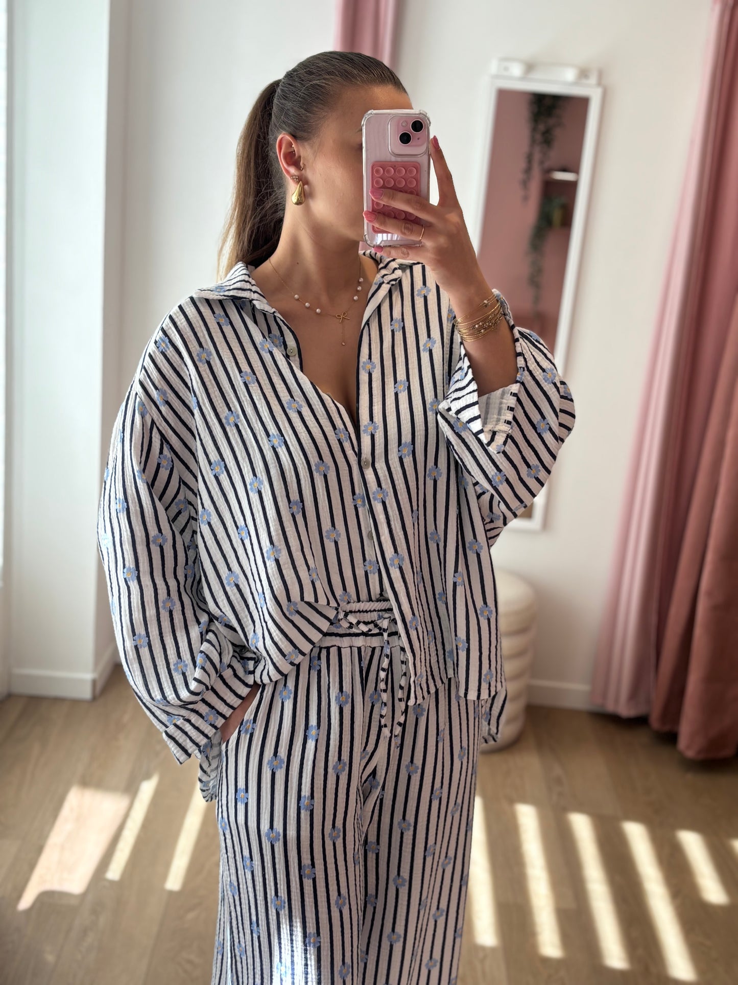 Chemise en Gaze de Coton Fleurie à Rayures - Bleu marine & Bleu ciel