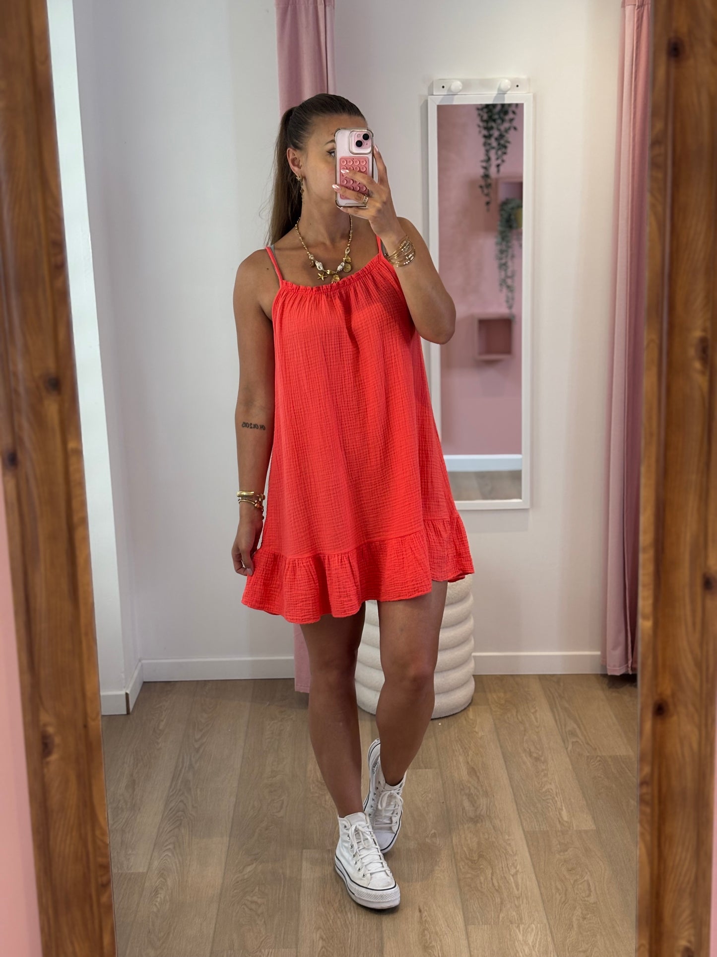 Robe Courte Gaze de Coton - Corail