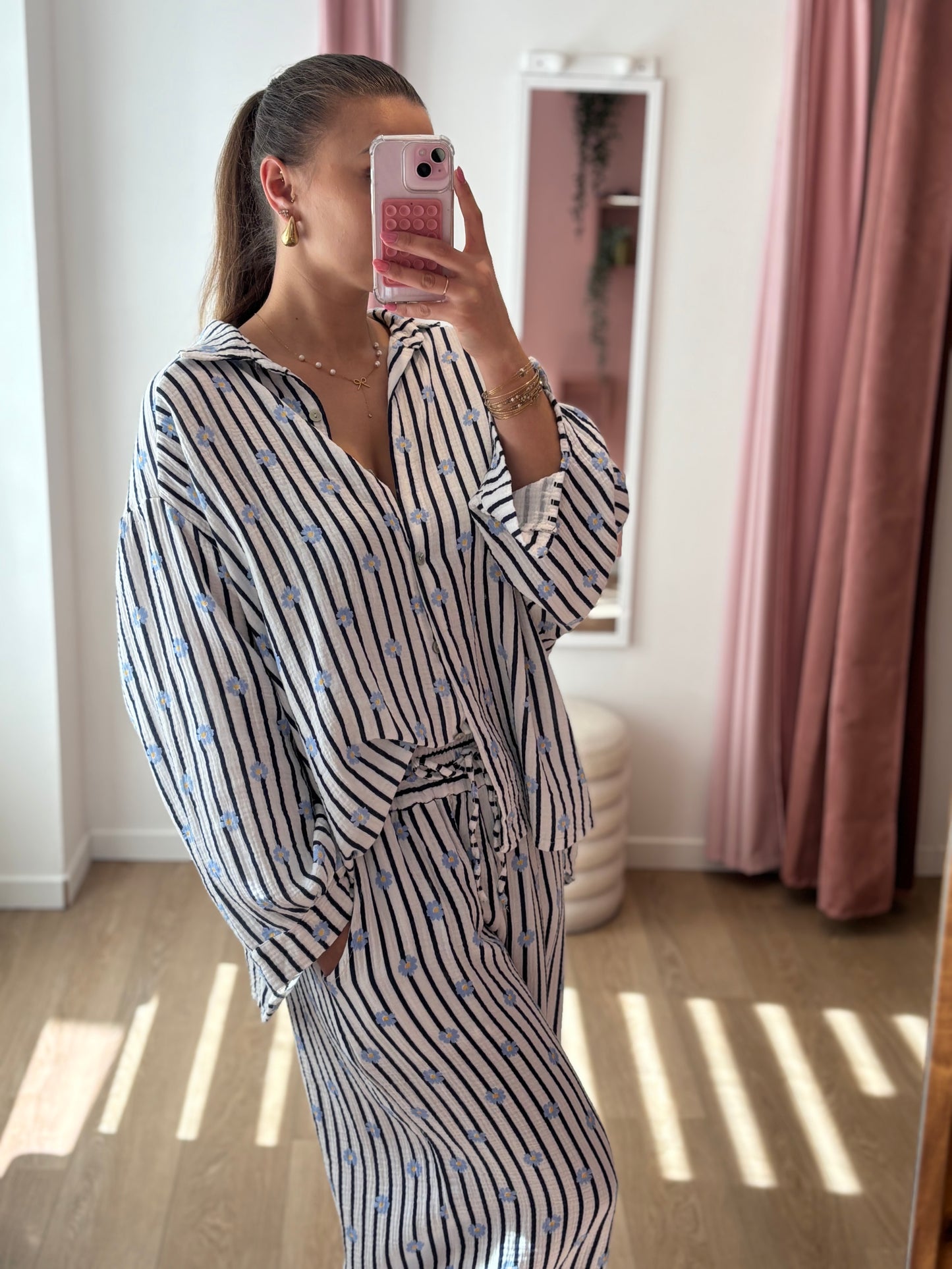 Chemise en Gaze de Coton Fleurie à Rayures - Bleu marine & Bleu ciel