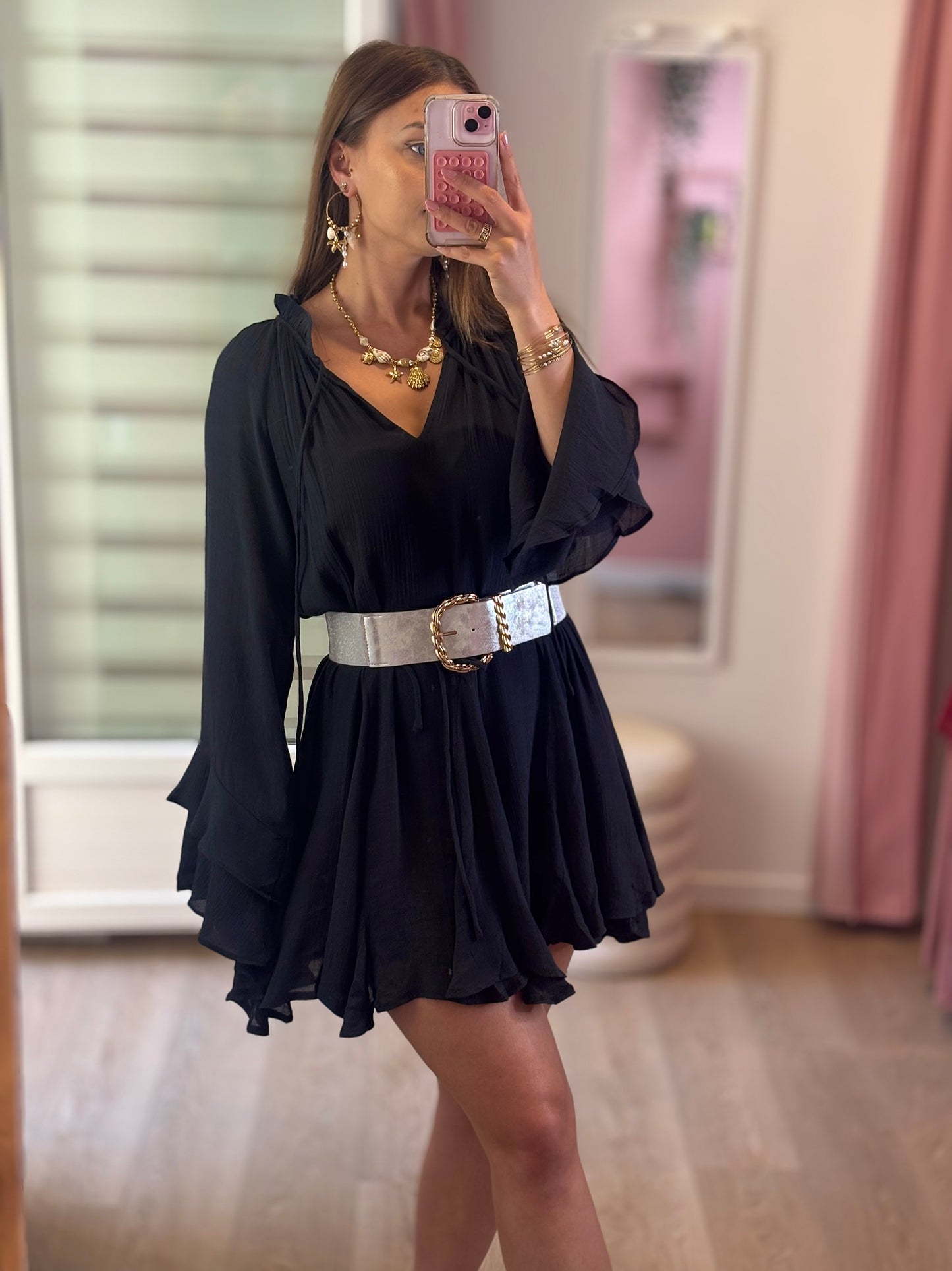 Robe Courte à Volants - Noir