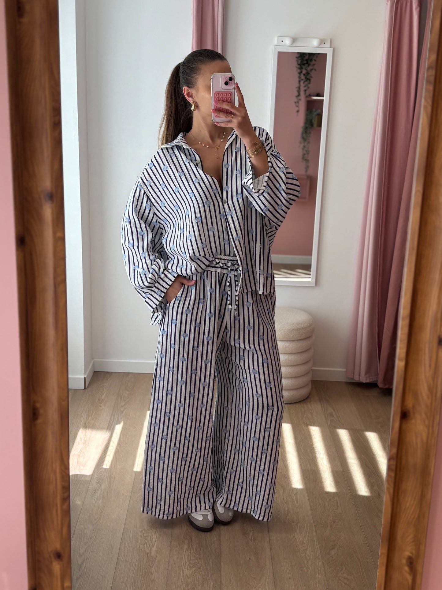 Pantalon en Gaze de Coton Fleurie à Rayures - Bleu marine & Bleu Ciel