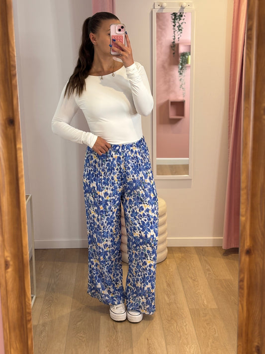 Pantalon Fluide Plissé - Bleu Fleuri