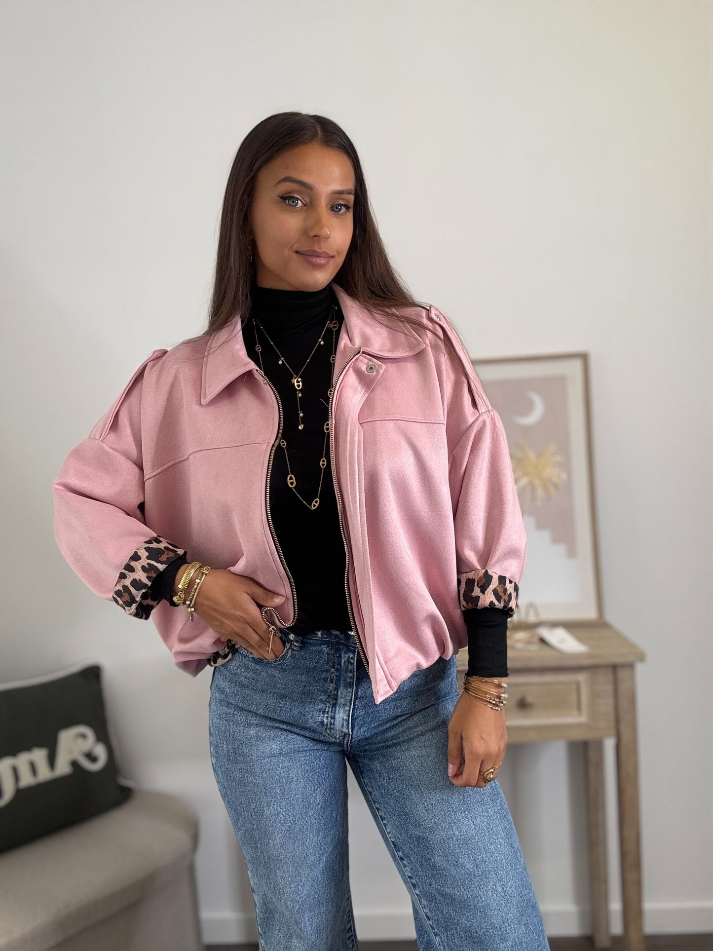 Veste Suédine Doublée Léopard - Rose