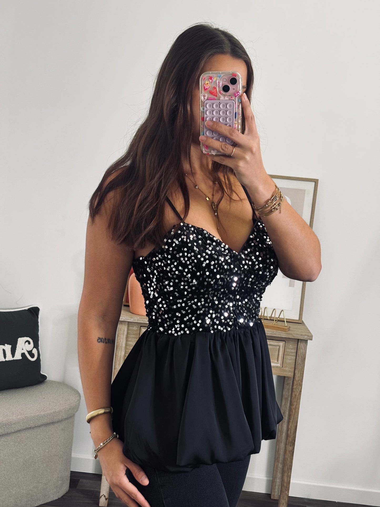 Top Péplum en Velours - Sequins Argenté
