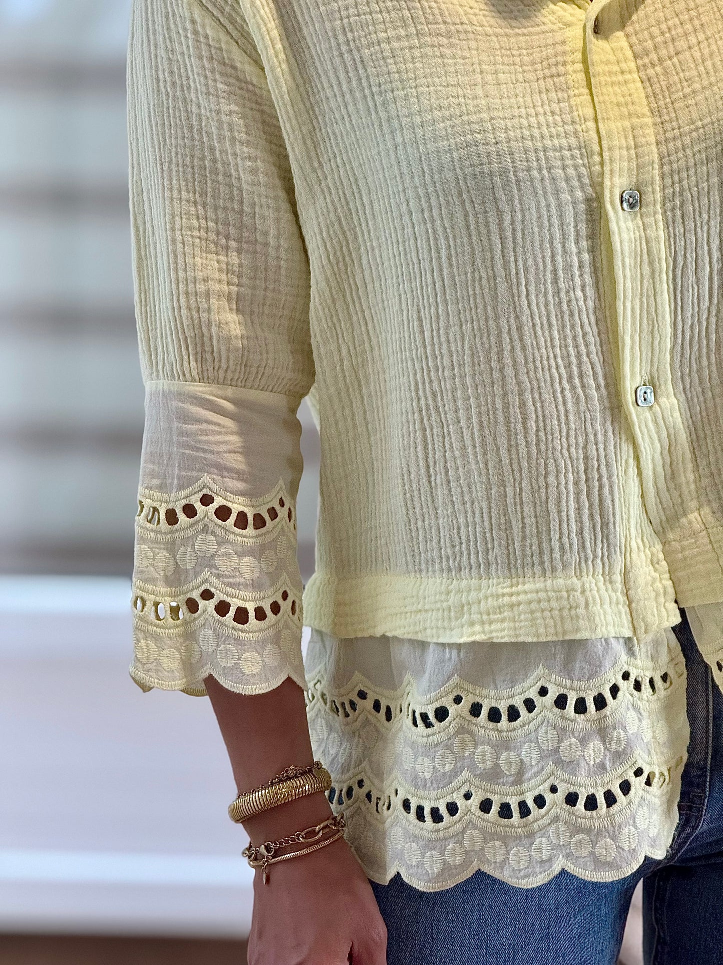 Chemise en Gaze de Coton Détails Brodés - Jaune