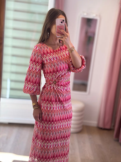 Robe Longue Motifs - Détails Anneau et Fente Rose