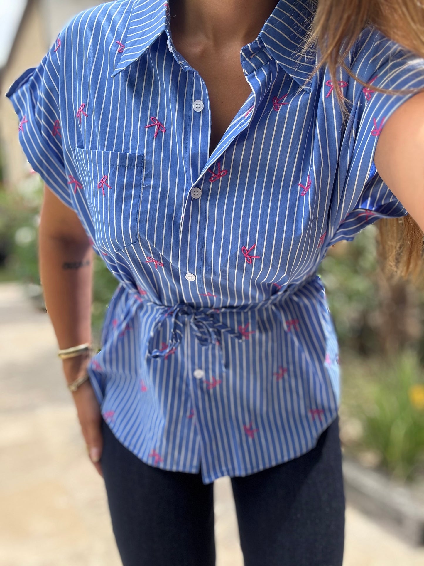 Chemise à Rayures Détails Noeuds - Bleu et Rose