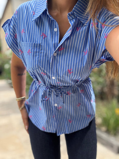 Chemise à Rayures Détails Noeuds - Bleu et Rose