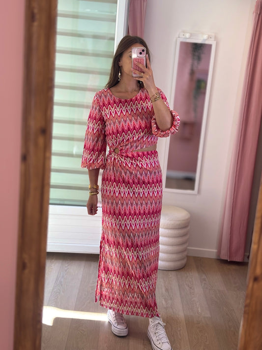 Robe Longue Motifs - Détails Anneau et Fente Rose