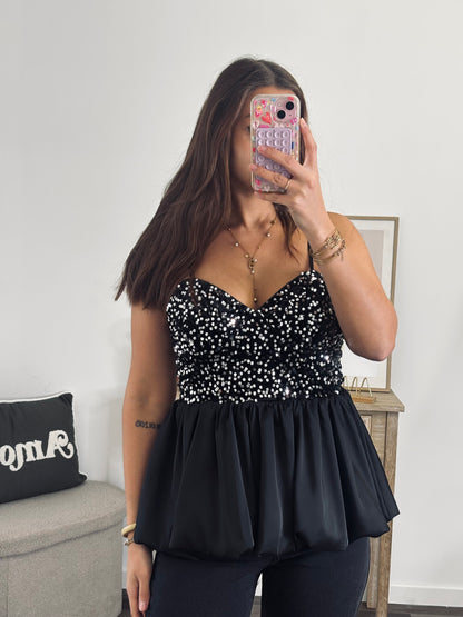 Top Péplum en Velours - Sequins Argenté