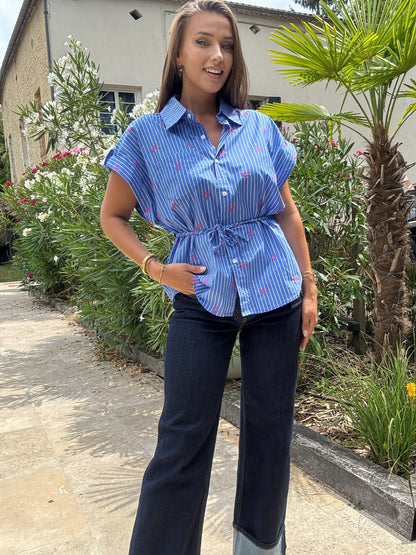 Chemise à Rayures Détails Noeuds - Bleu et Rose