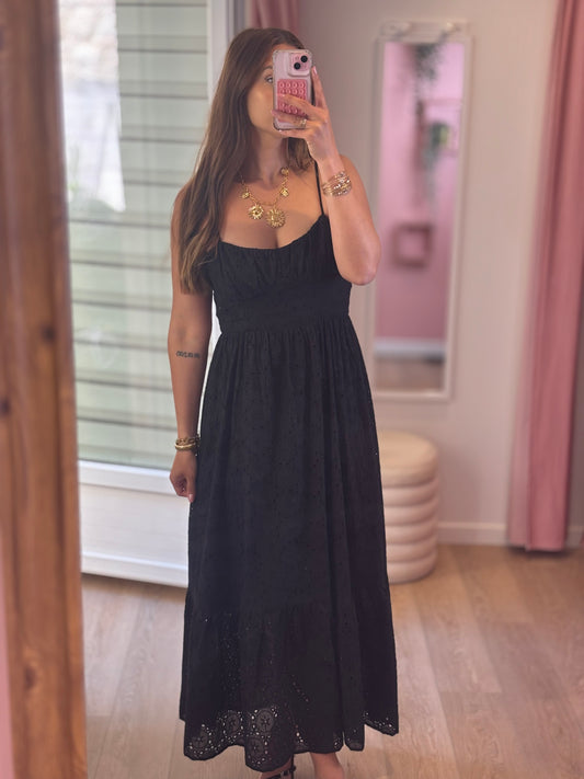 Robe Longue en Broderie Anglaise Dos Nu - Noir