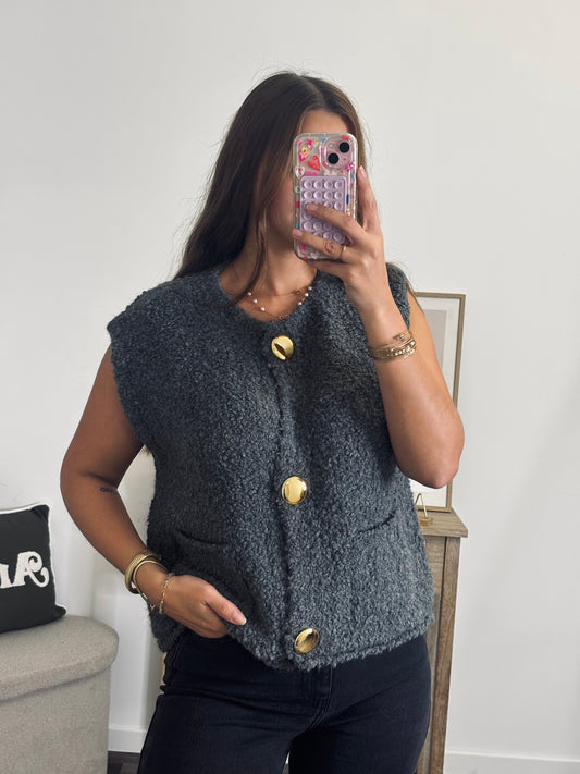 Gilet Maille Bouclette Boutons Dorés- Gris Foncé