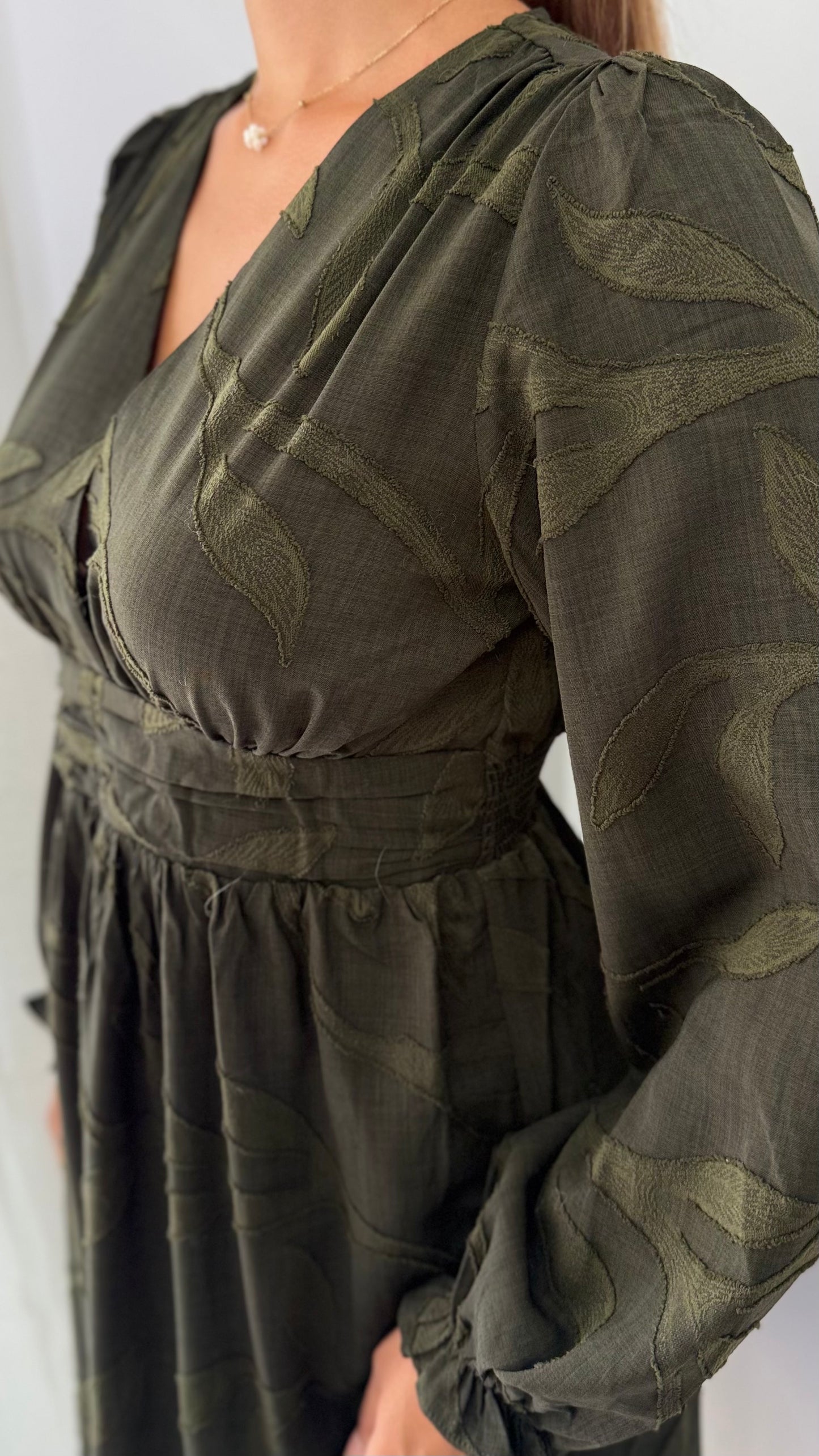 Robe Courte Brodée Manches Longues - Kaki