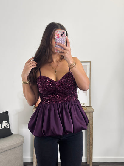Top Péplum en Velours - Sequins Aubergine