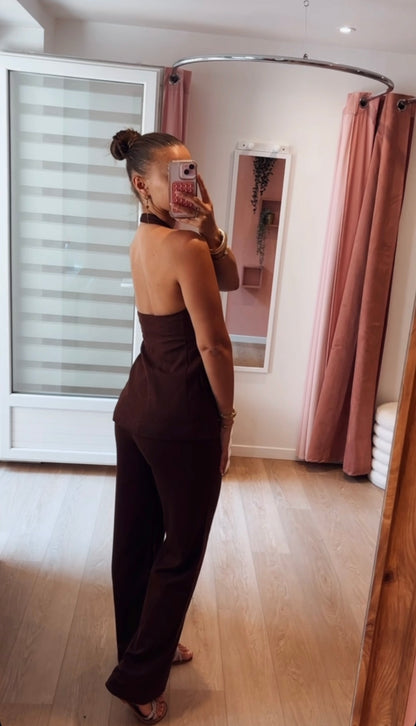 Top Dos Nu Tailleur Effet Lin - Choco