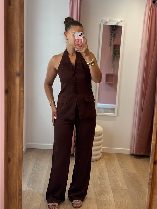 Top Dos Nu Tailleur Effet Lin - Choco