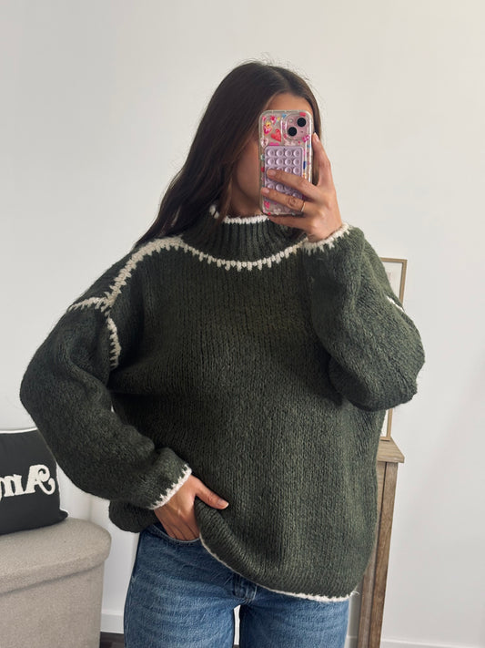 Pull Surpiqûres Blanches - Kaki