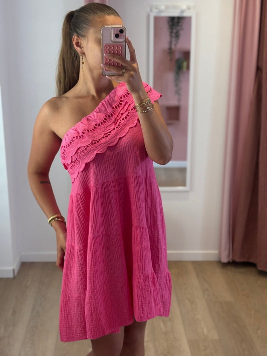 Robe Asymétrique Brodée – Rose Fuchsia