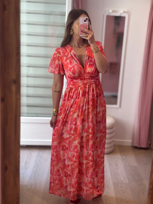 Robe Longue Fluide à Imprimé - Corail & Rose