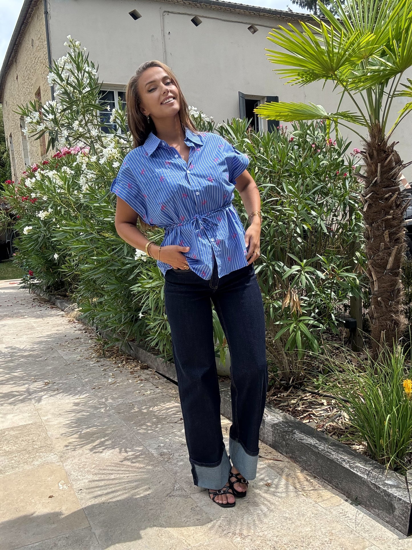 Chemise à Rayures Détails Noeuds - Bleu et Rose