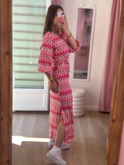 Robe Longue Motifs - Détails Anneau et Fente Rose