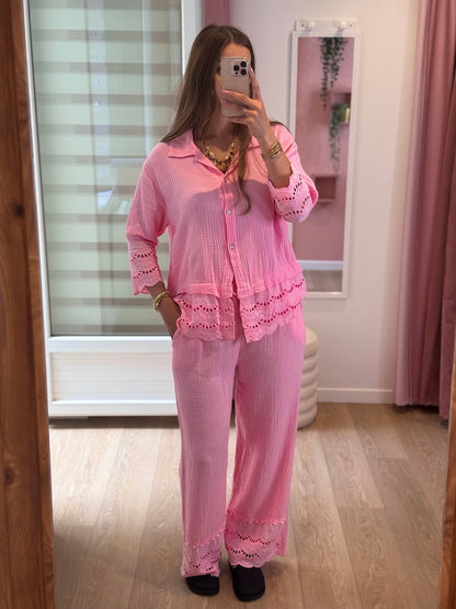 Pantalon Brodé Gaze de Coton - Rose