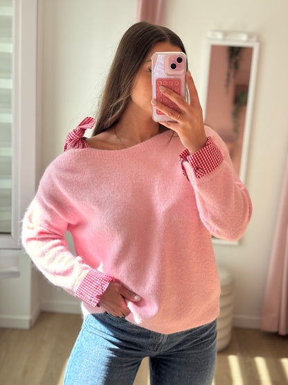 Pull rose et rouge asymétrique Nœuds Vichy