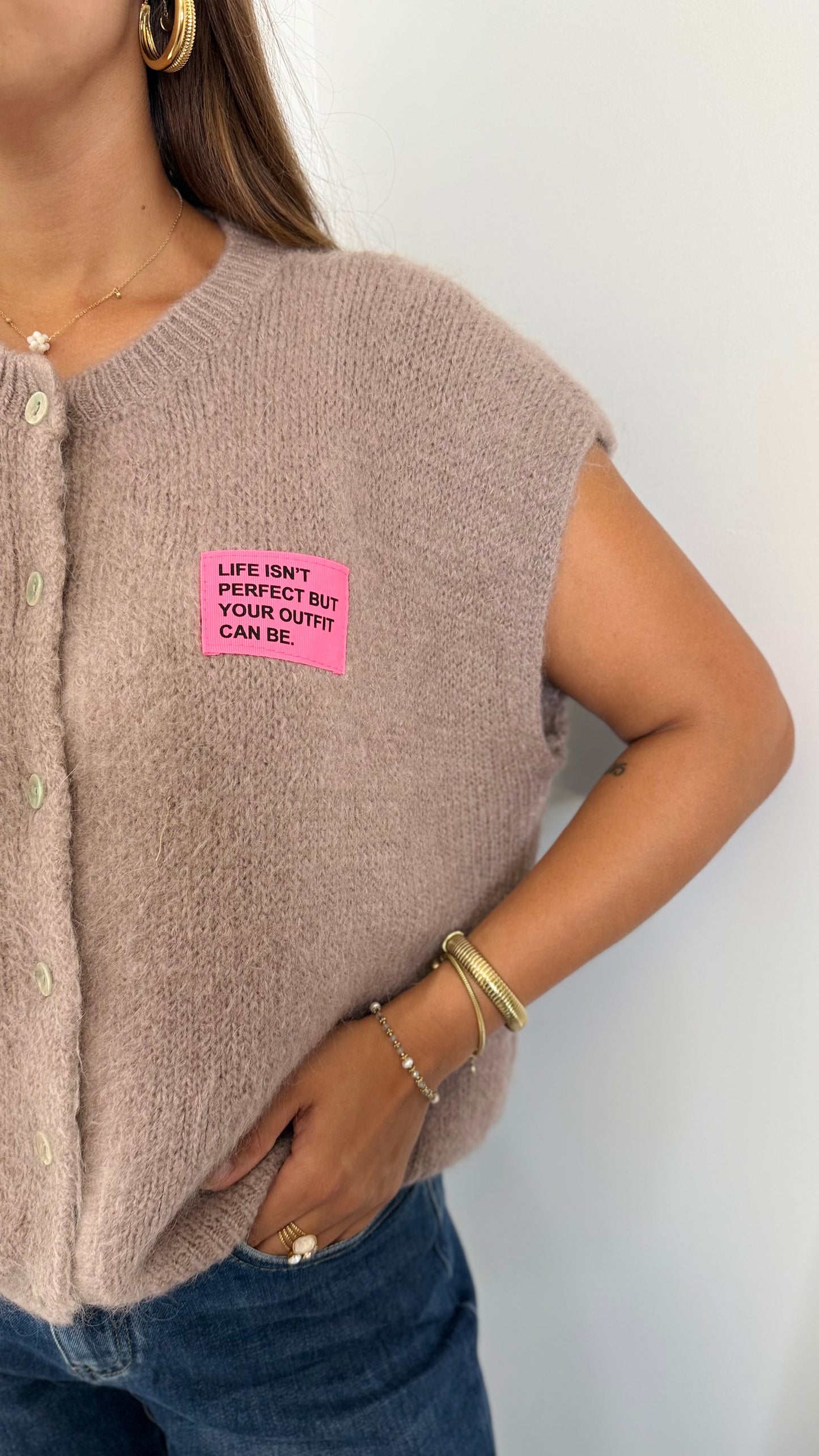 Gilet Sans Manche à Inscription - Taupe