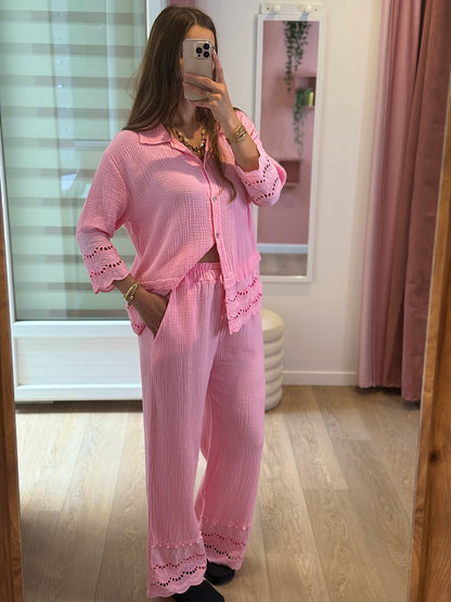 Pantalon Brodé Gaze de Coton - Rose