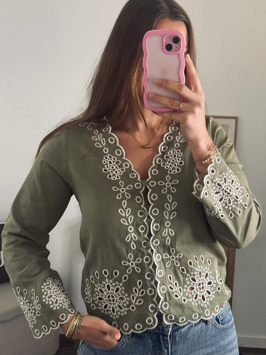 Blouse Brodée à Boutons - Kaki