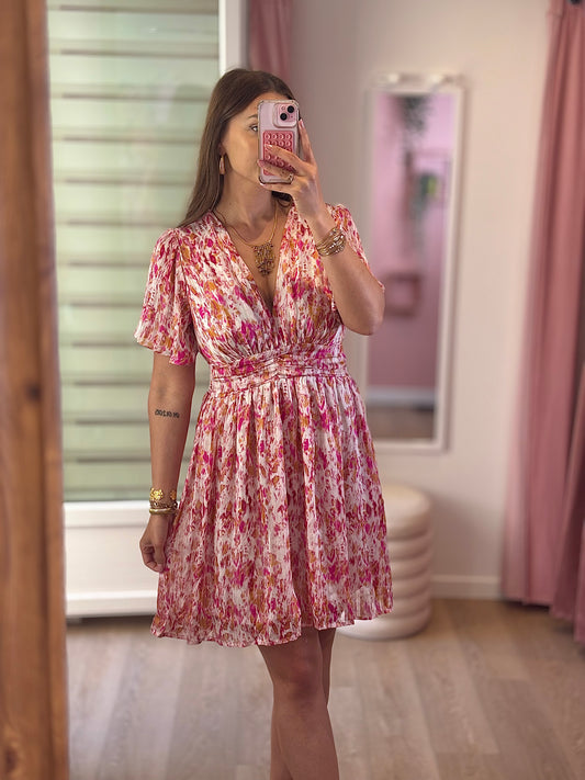Robe Courte Évasée à Motifs Fuschia
