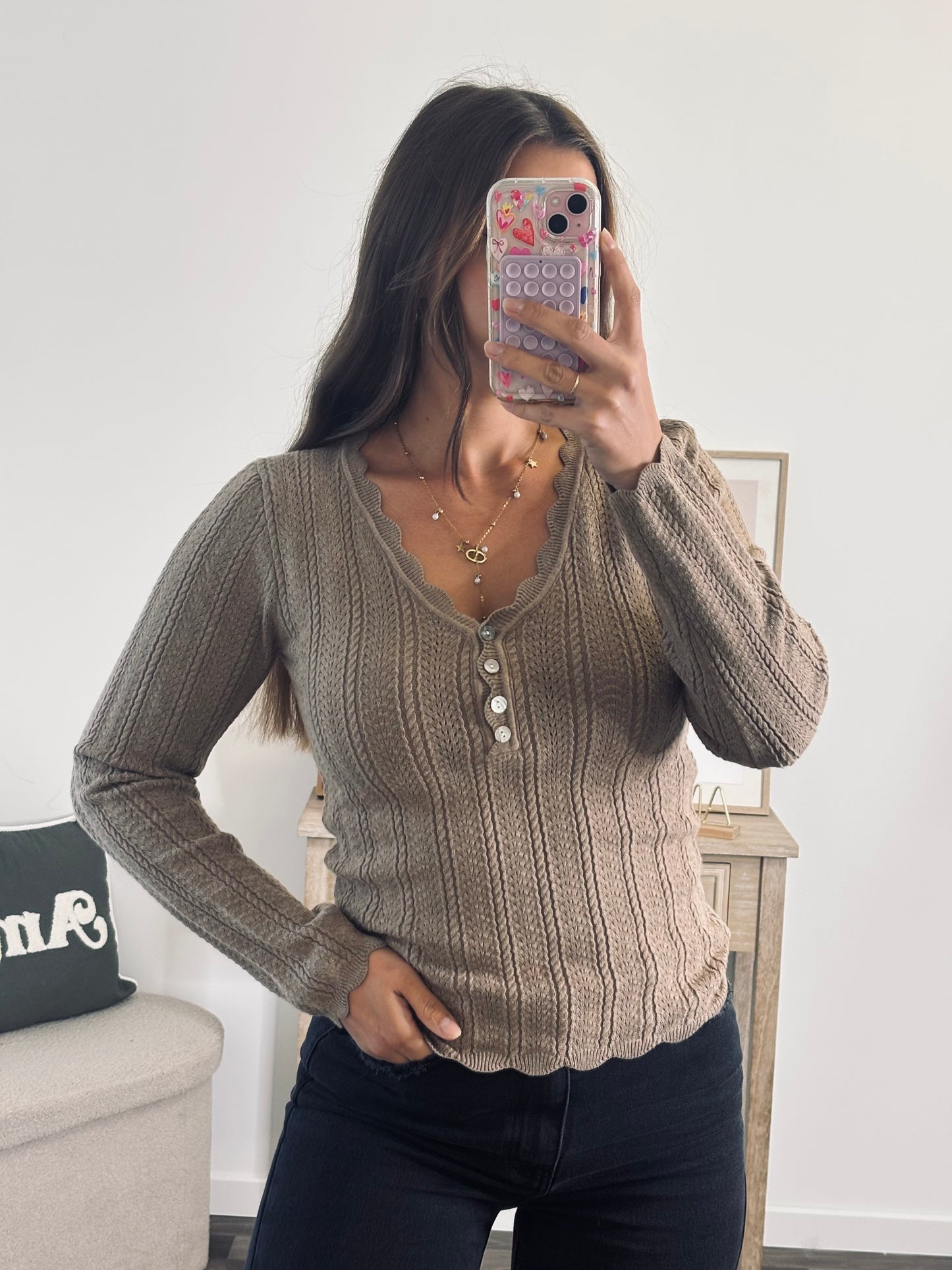 Pull Fin à Boutons - Taupe