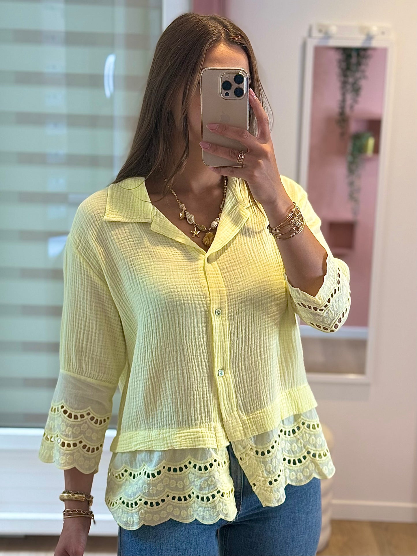 Chemise en Gaze de Coton Détails Brodés - Jaune