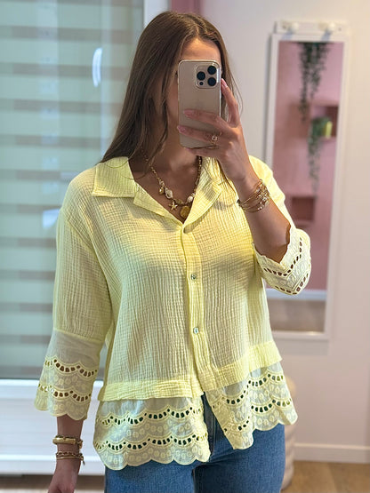 Chemise en Gaze de Coton Détails Brodés - Jaune
